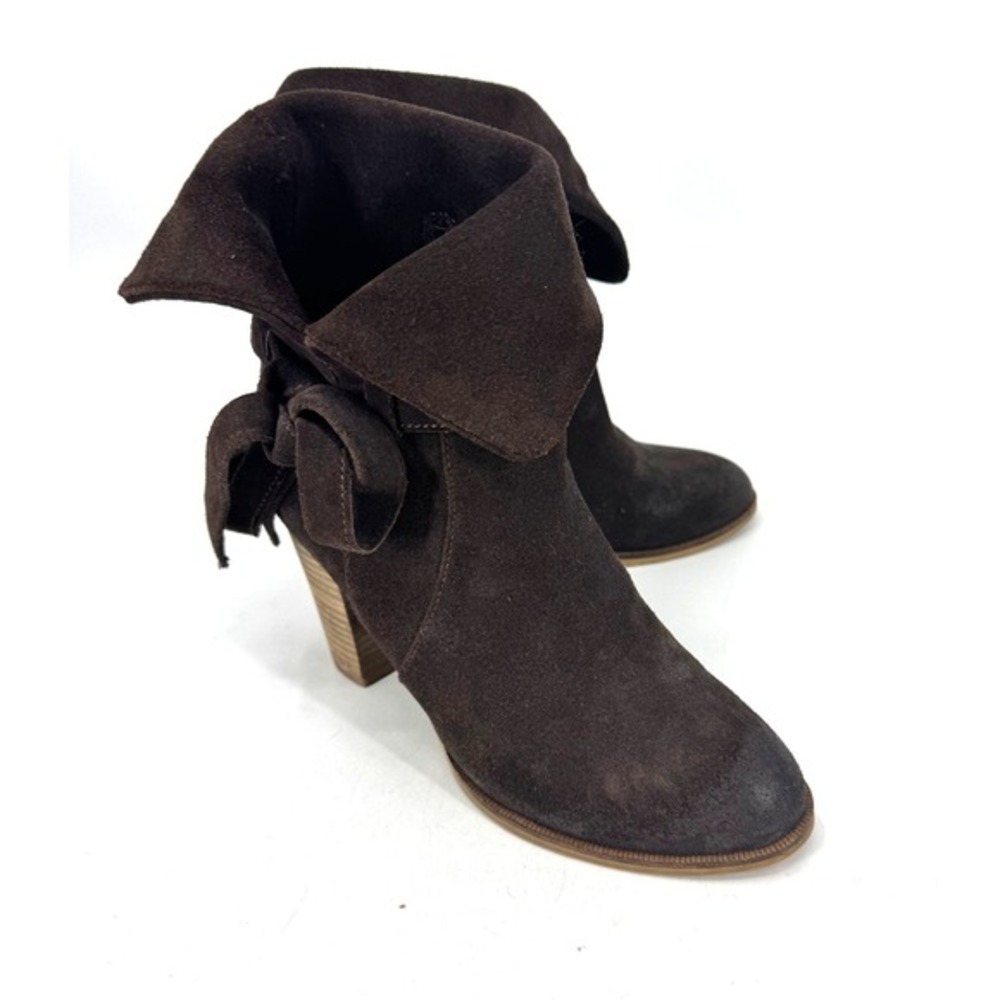 Antelope Brown‎ Suede Fold Over Cuff Ankle Boots Side Tie Block Heel EU 38